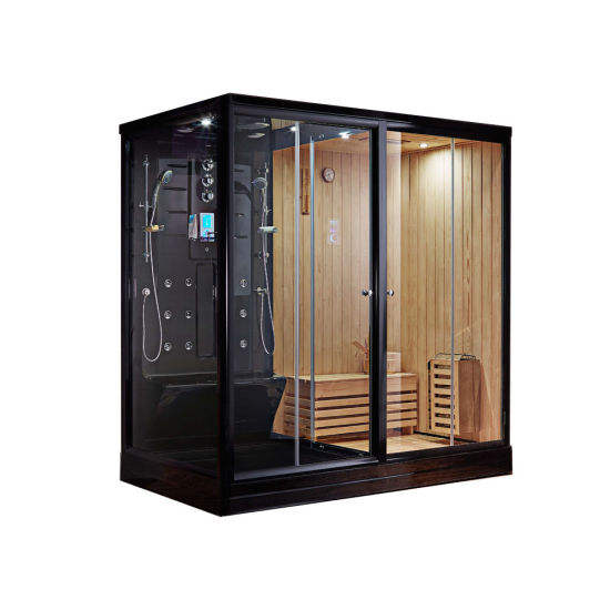 Traditional solid wood sauna cabin interior
